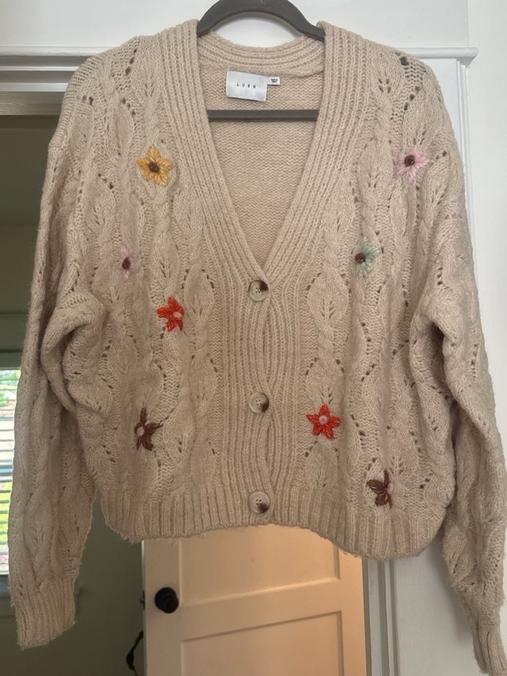 Lush Beige Floral Embroidered Cable Knit Cardigan